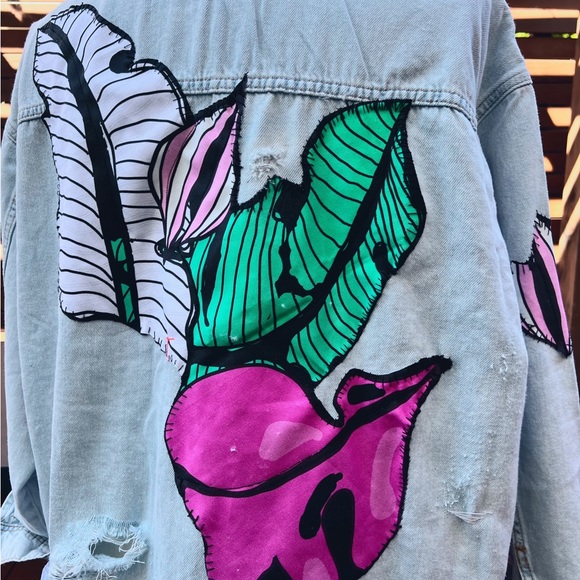 Distressed Denim Tunic with Tropical Print. Only 1 made. - Picture 7 of 7